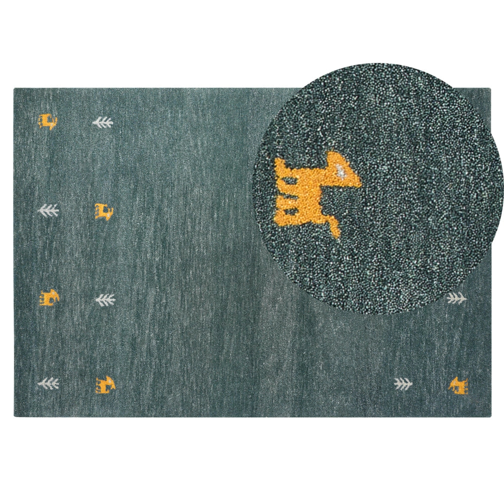Tappeto Gabbeh in lana verde 140 x 200 cm, trapuntato a mano con motivi animali occidentali e design rustico