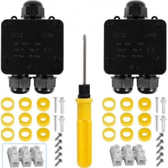 Cassetta di connessione impermeabile, cassetta di connessione esterna a due parti, cassetta di connessione T, connettore di cavo, adatto per cavi di irrigazione esterni con diametro da 4 mm a 15 mm, colore nero.