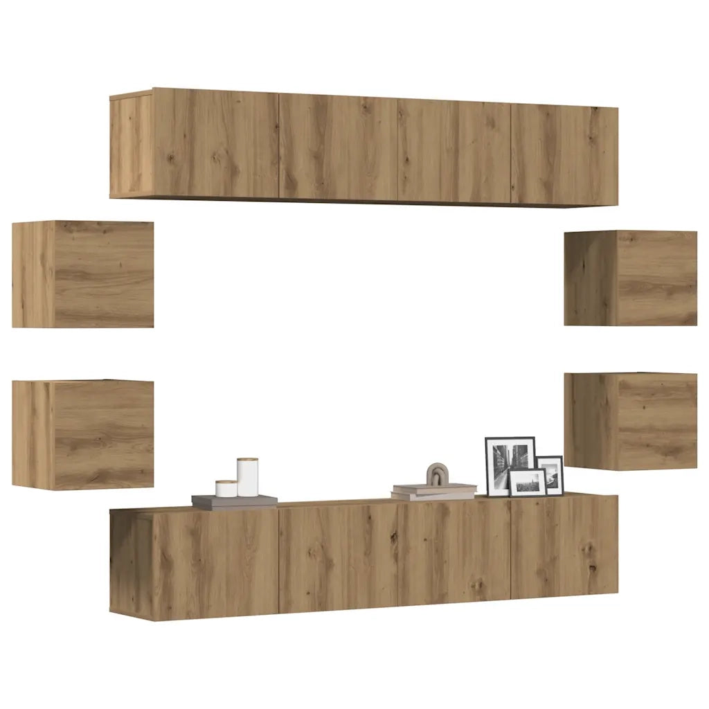 Set Mobile TV 8 pz-Credenza per TV Montato a Parete Rovere in Legno Multistrato 134792