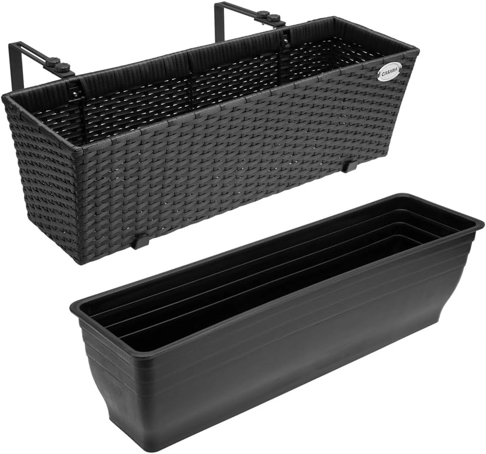 ® 2x Fioriera Balcone 60cm 11L Rattan Supporto Esterno Interno Resistente agli Agenti Atmosferici e ai Raggi UV Rimovibile Ringhiera Vaso Portafiori Rettangolare Fiori Piante Nero
