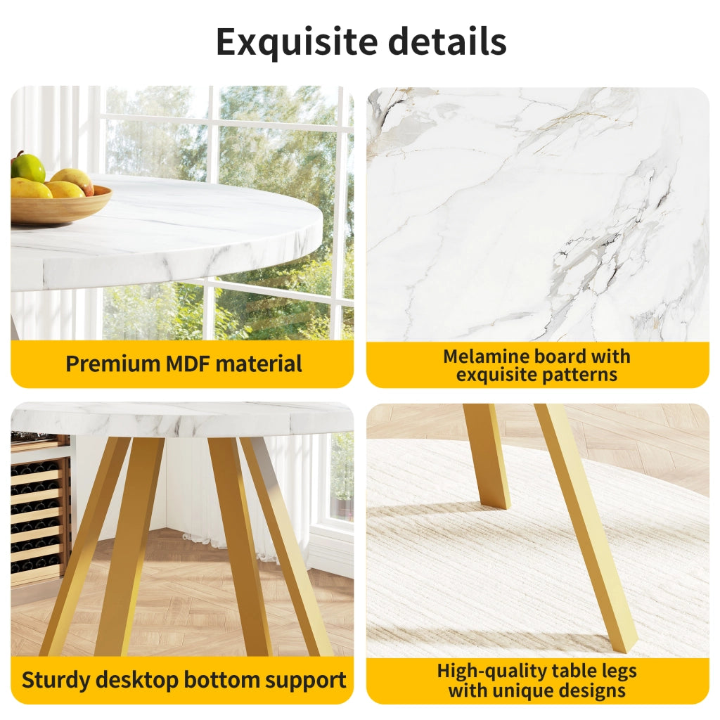 Tavolo da pranzo rotondo con piano in MDF e gambe in ferro bianco e oro per cucina e soggiorno 80 × 80 × 75 cm