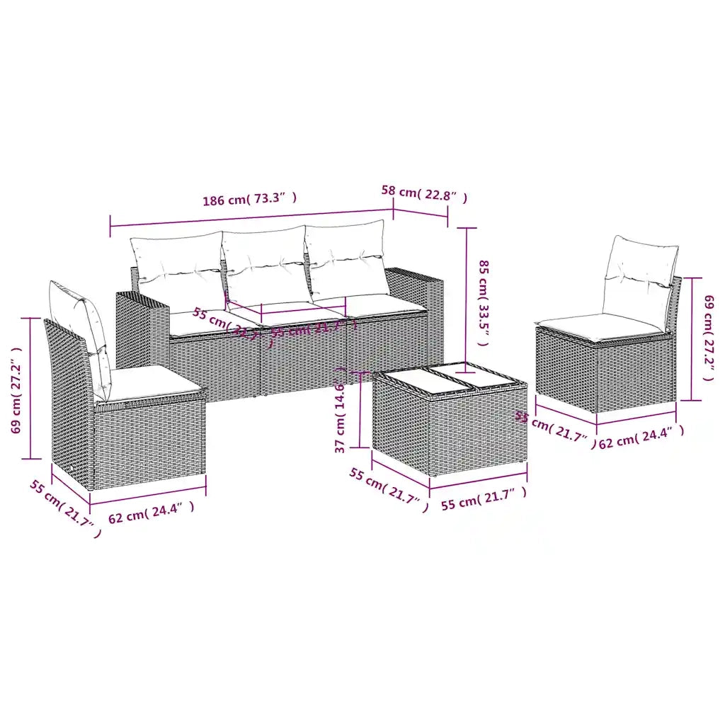 Set Divano da Giardino 6 pz con Cuscini Marrone in Polyrattan 3251140