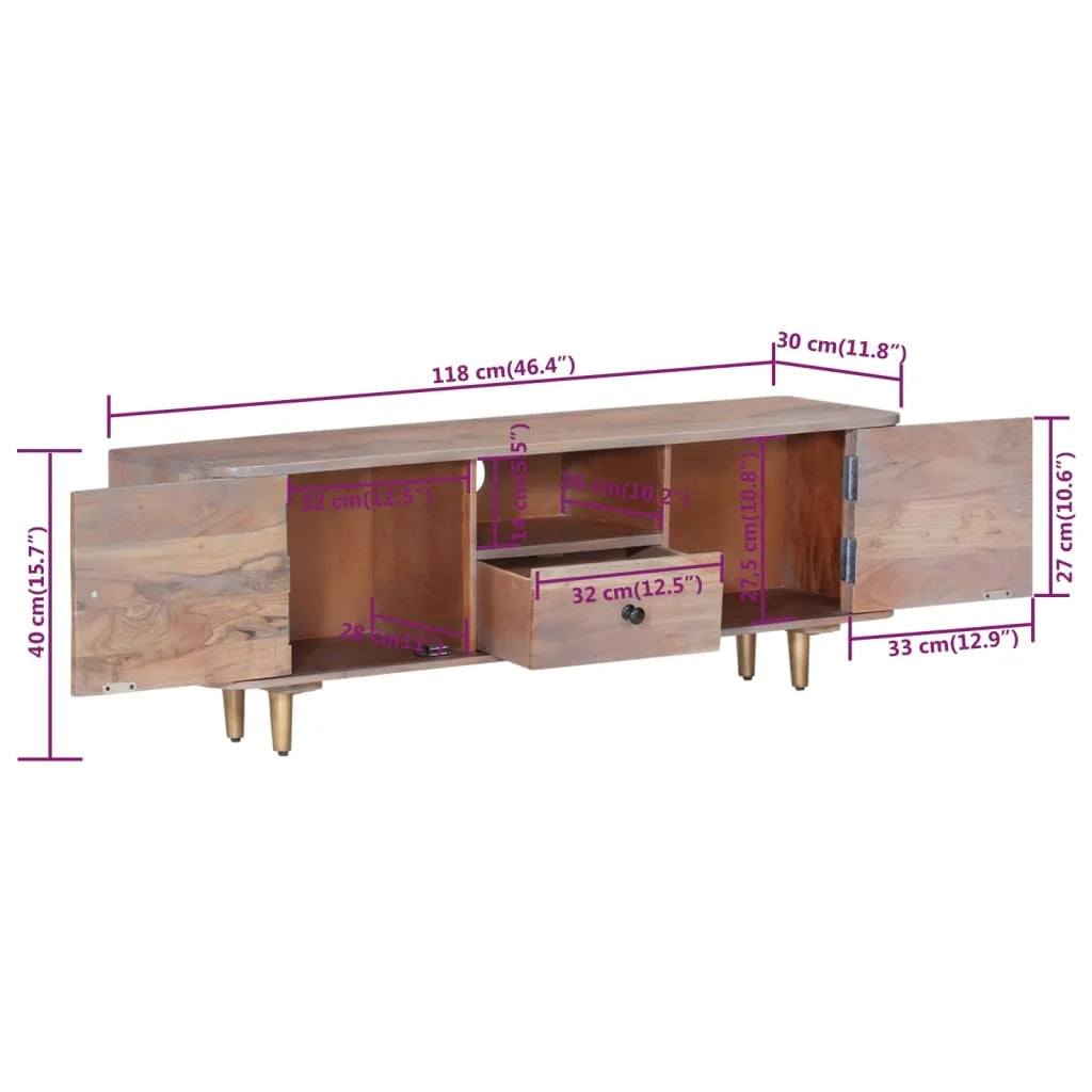 Mobile TV multimediale scaffale TV credenza mobile TV sala da pranzo soggiorno camera da letto 118 x 30 x 40 cm legno massello di acacia marrone 02_0025801