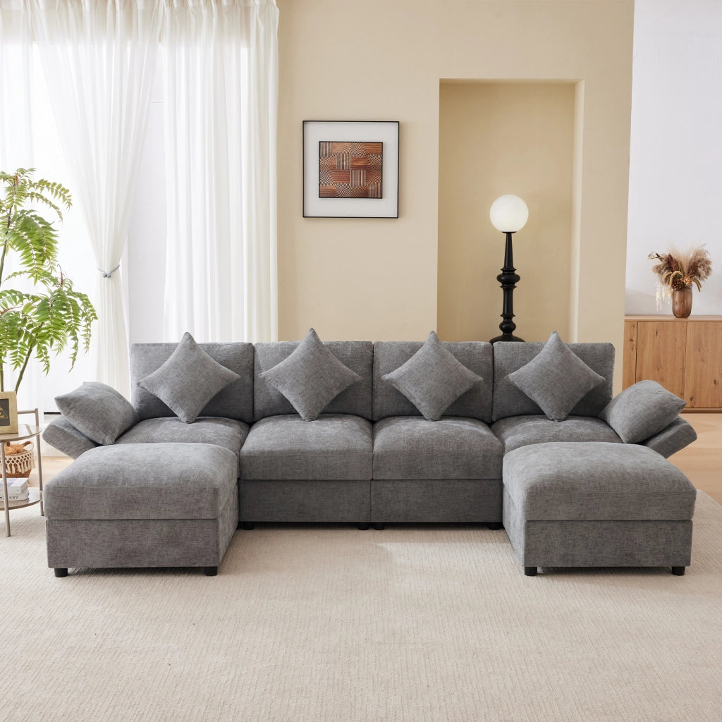 Divano modulare 4 posti con 2 pouf e braccioli regolabili in Chenille Grigio 284 × 156.5 × 86 cm