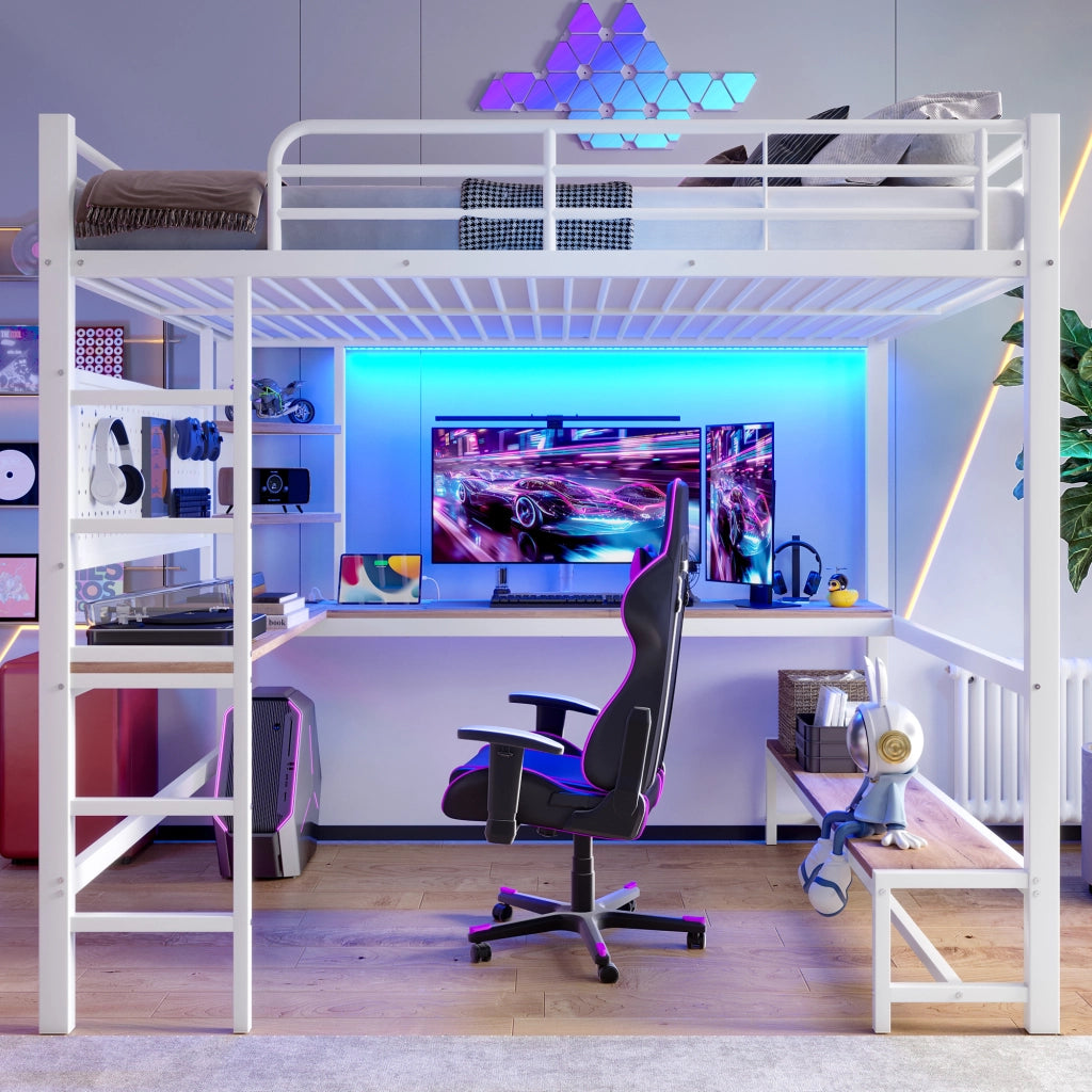 Letto a castello bianco con scrivania funzione di stoccaggio elettrica in metallo 140x200 cm