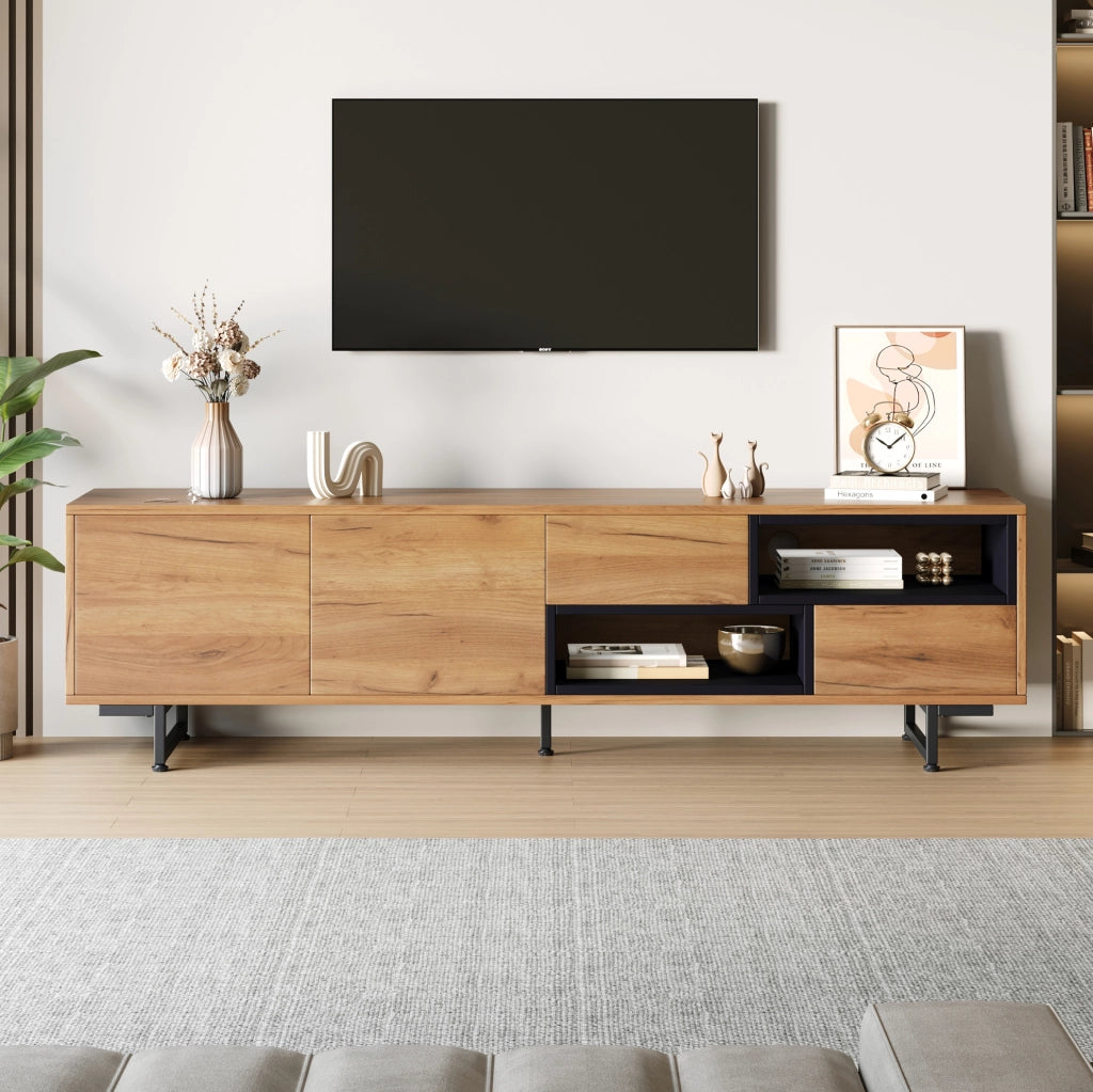 Mobile TV in truciolare effetto legno 173x38x48 cm; con vani aperti; ante e cassetti