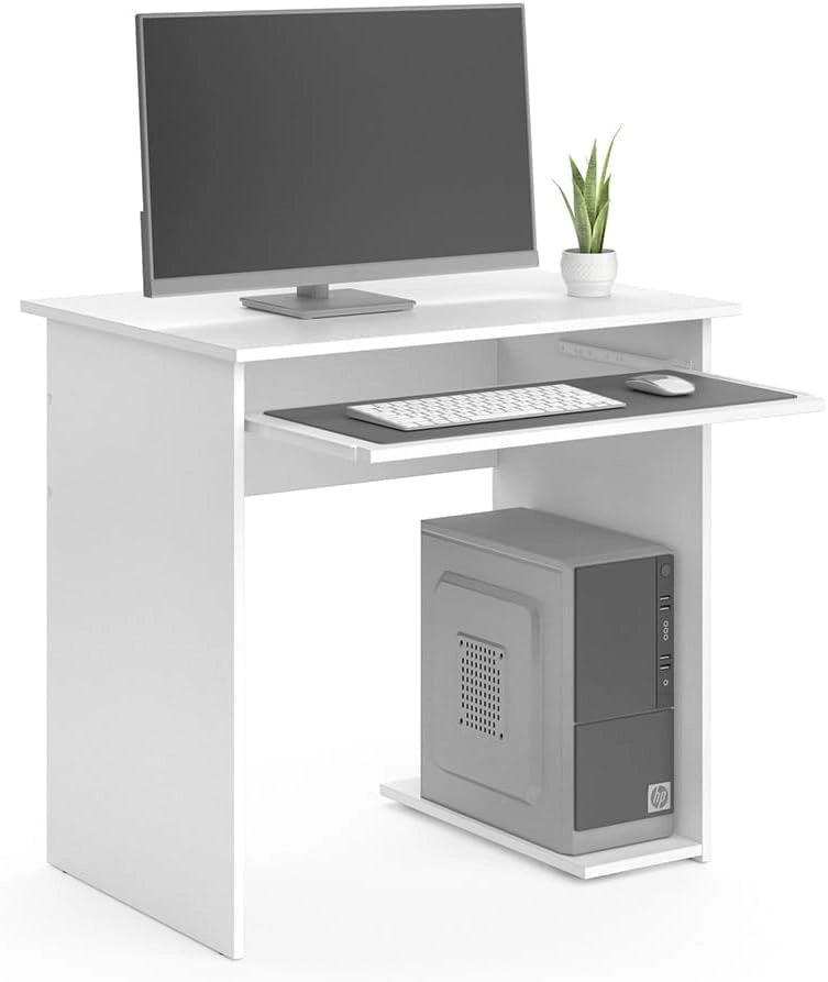 Scrivania Nick, Bianco, 80 x 58 cm, con ripiano estraibile per tastiera e supporto per unità di sistema