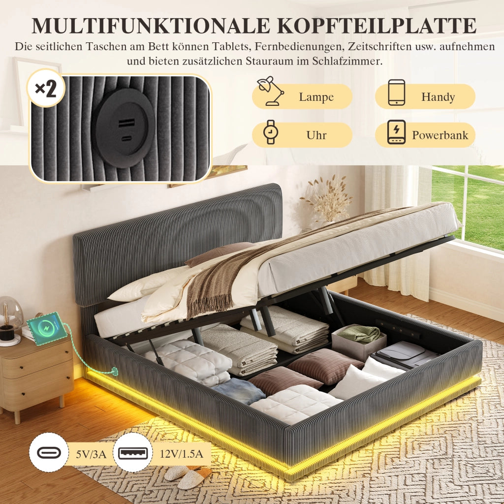LETTO Contenitore 180x200 cm Grigio Scuro in Corduroy con LED e USB-C