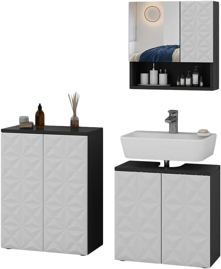 Set di mobili da bagno Edge, Nero, 60 cm, composto da mobile sottolavabo, specchiera e mobile medio