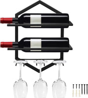 Wijnrek a Sospensione Metallico Wijnhouder Wijnglashouder Organizzatore a Sostegno per 2 Bottiglie e 3 Calici Incluso Display Ristorante Bar Decorazione per la Cucina - Nero 1