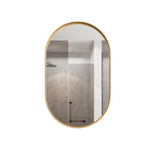 Mobile bagno con specchio ovale in metallo dorato con 2 ripiani in vetro e montaggio a parete o a incasso