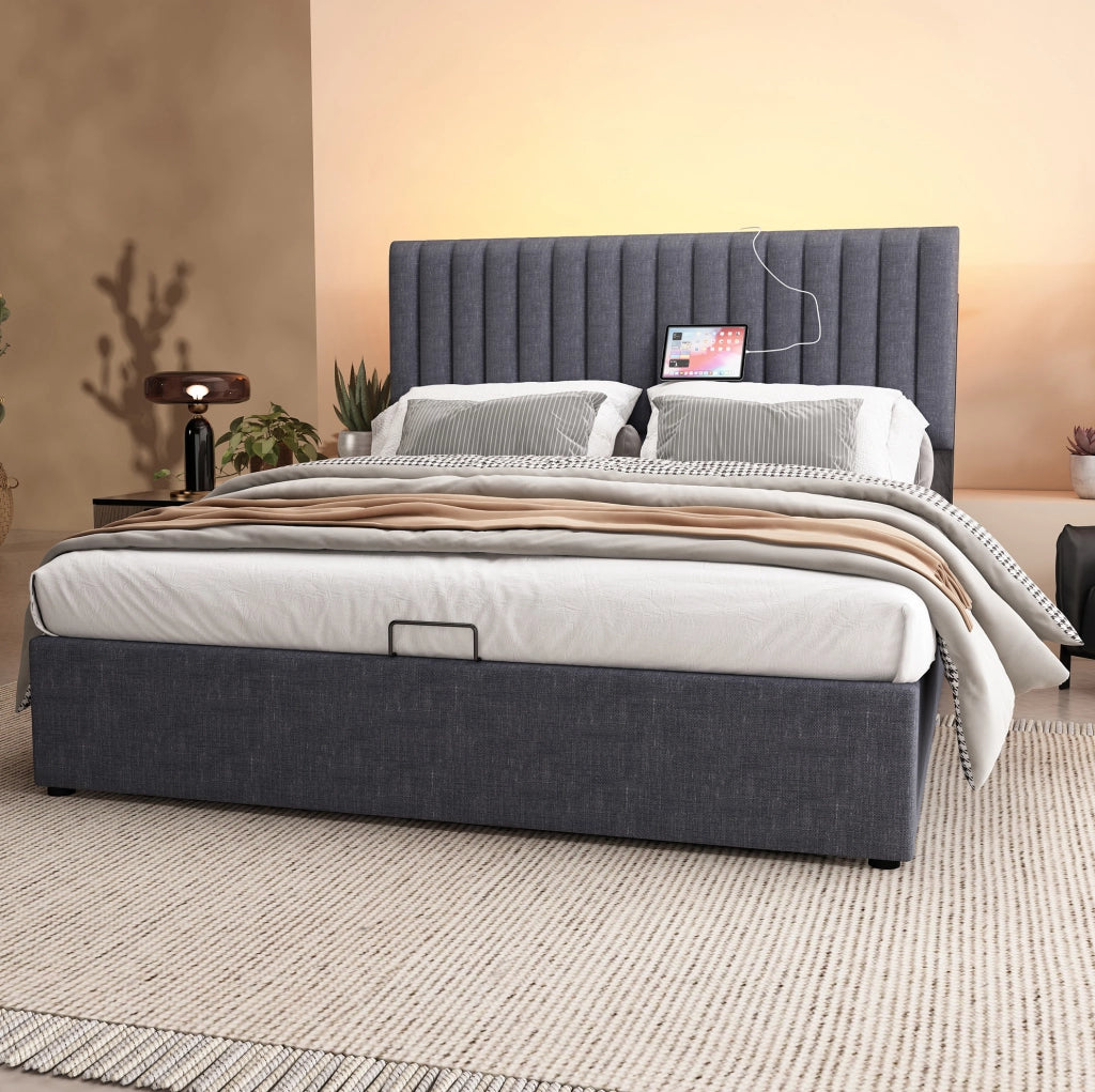Letto matrimoniale 140x200 con LED, USB-C e vano contenitore