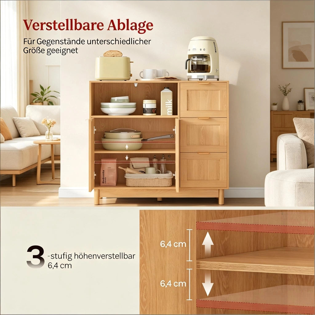 Credenza con 3 cassetti e ripiani regolabili, per cucina, in MDF e truciolato, effetto legno, 90 × 35 × 80 cm