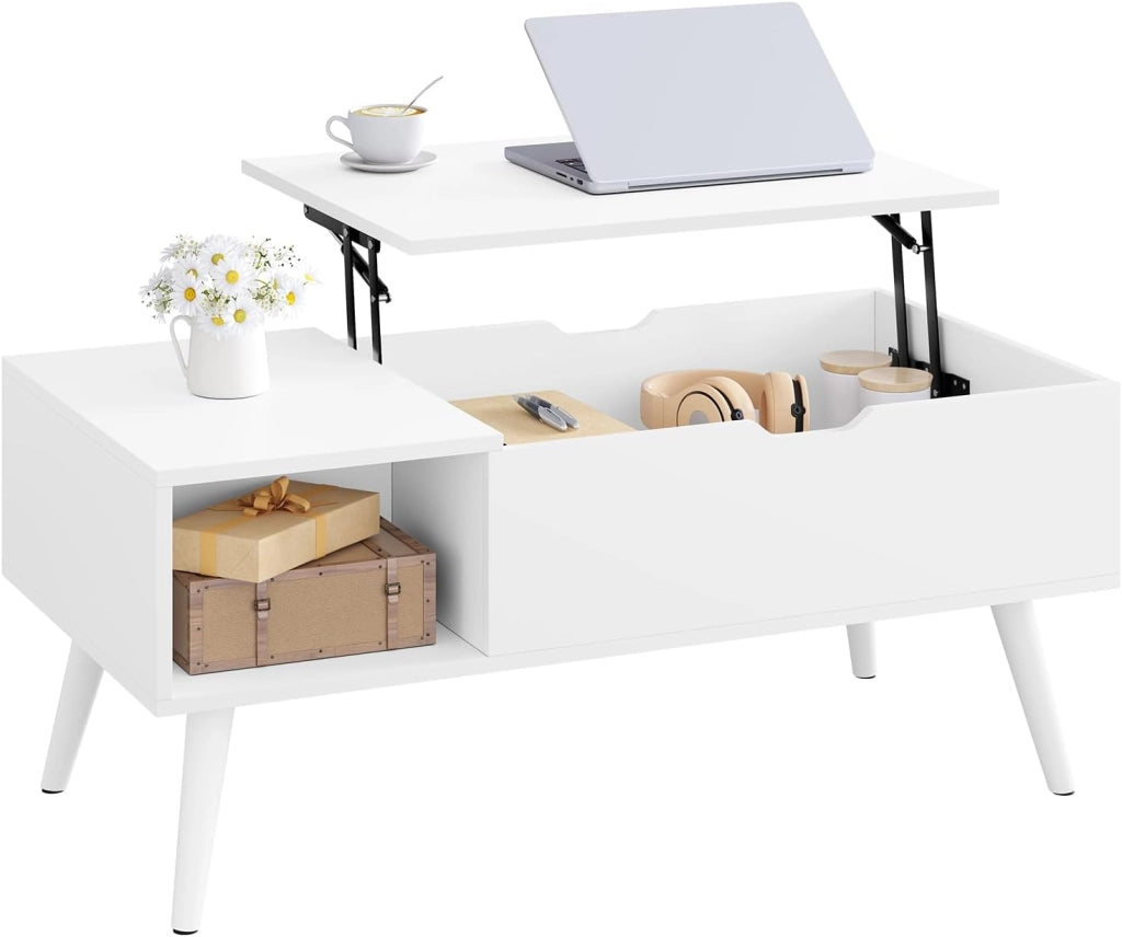 Tavolino da Caffè Sollevabile e Allungabile, Tavolo con Spazio Interno e Scomparto Aperto, Tavolino da Salotto per Soggiorno, 100x50x(43-57) cm, Bianco, BTS26ws