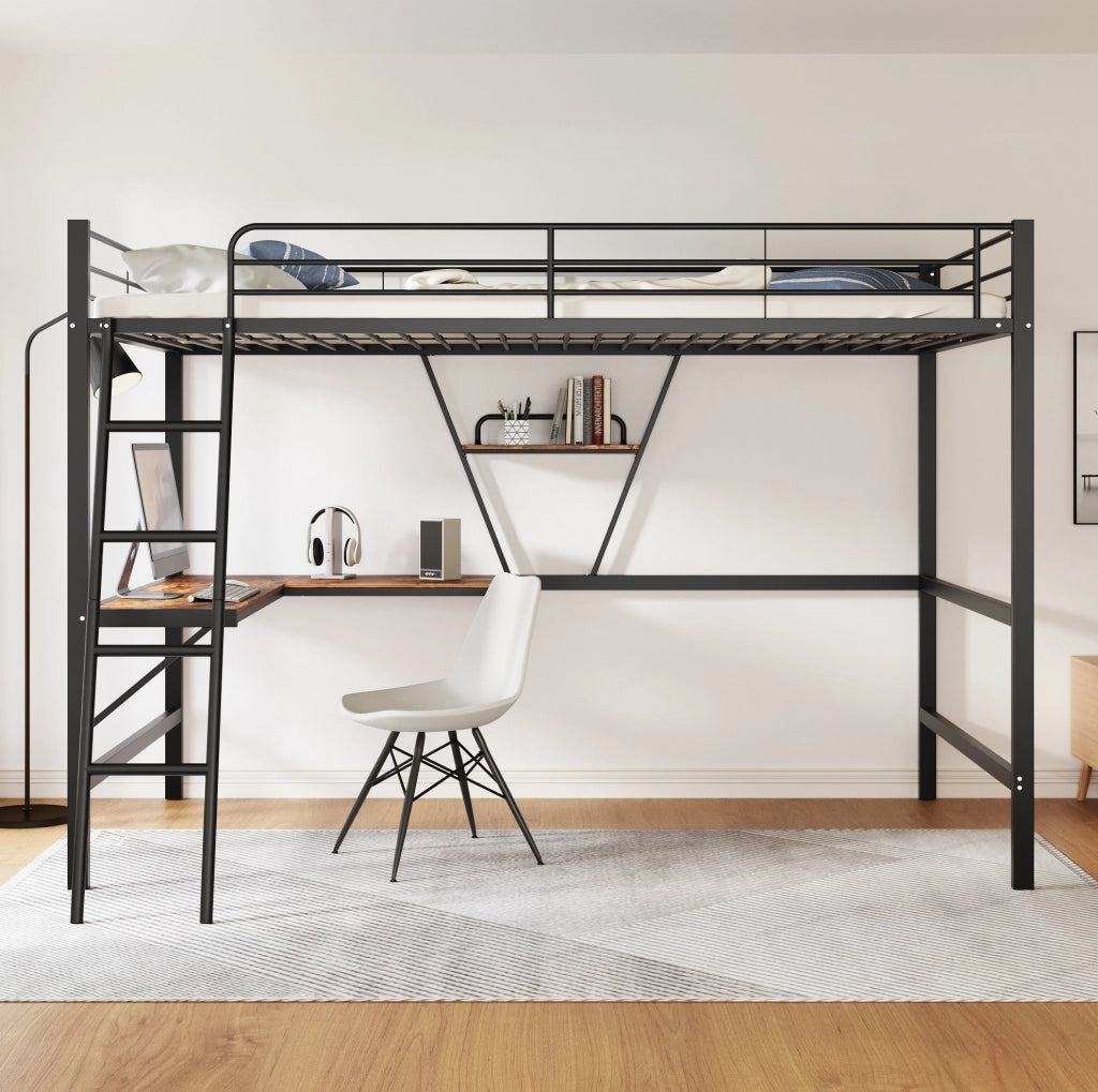 Letto a soppalco 90x200 cm con scrivania a L e mensola; metallo e MDF; nero