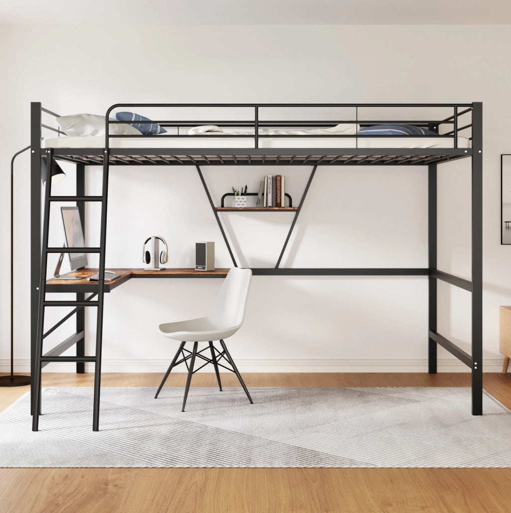 Letto a soppalco 90x200 cm con scrivania a L e mensola; metallo e MDF; nero