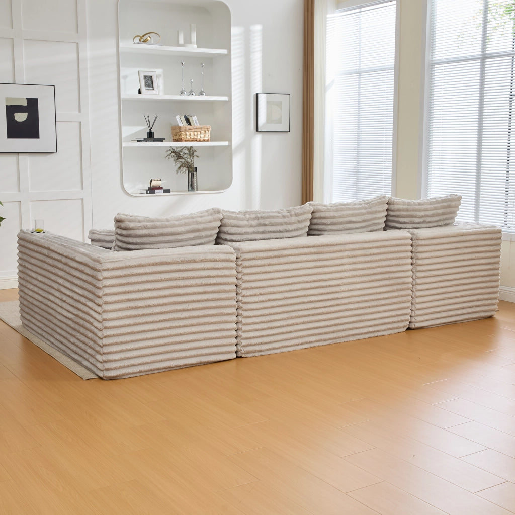 Divano modulare a U in corduroy con portabicchieri, tasche laterali e cuscini inclusi, design ergonomico per soggiorno