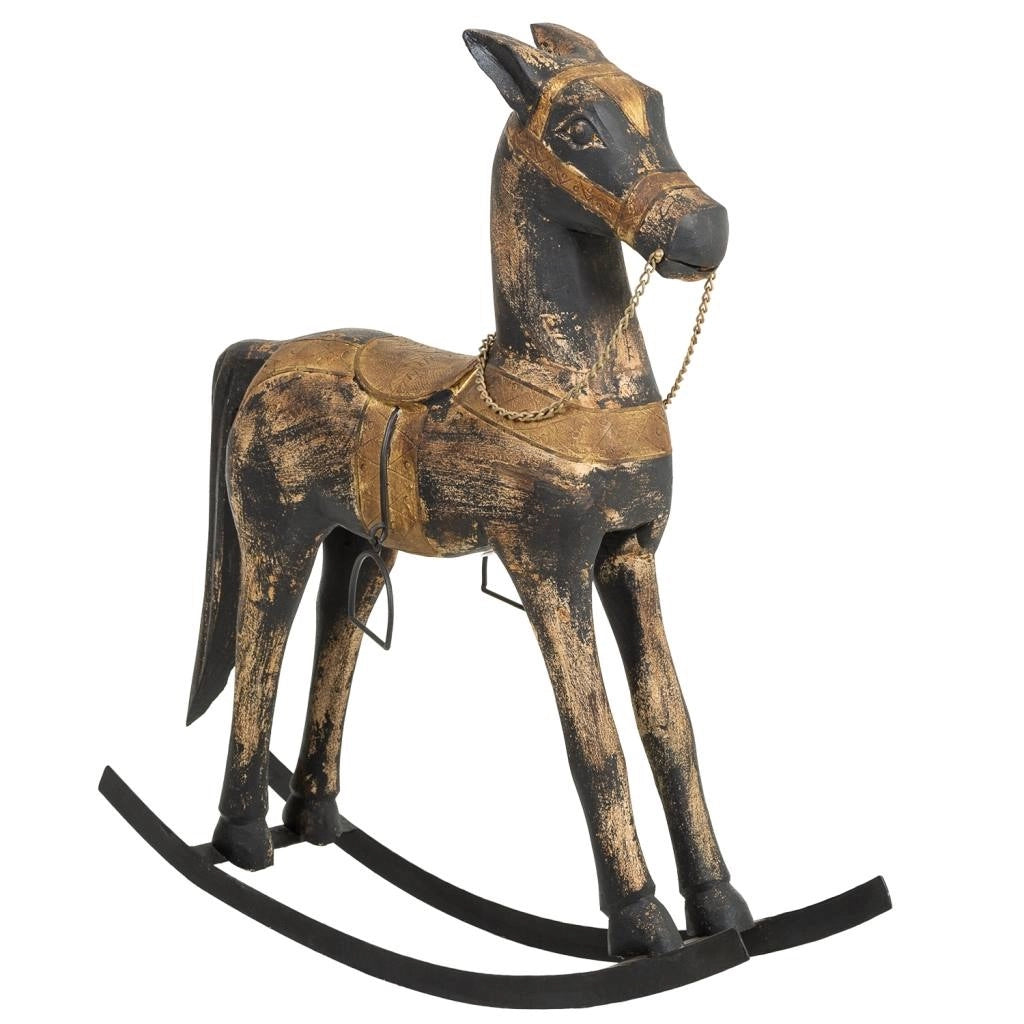 Cavallo a dondolo legno artigianale nero 73x20x84h cm