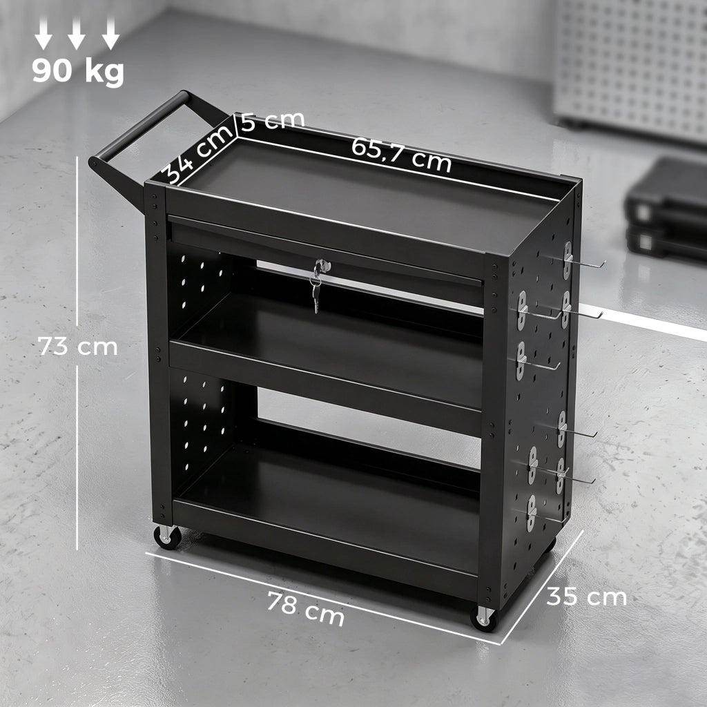 Carrello utensili 3 livelli con cassetto e pannello forato ¨C zephmum ¨C Nero