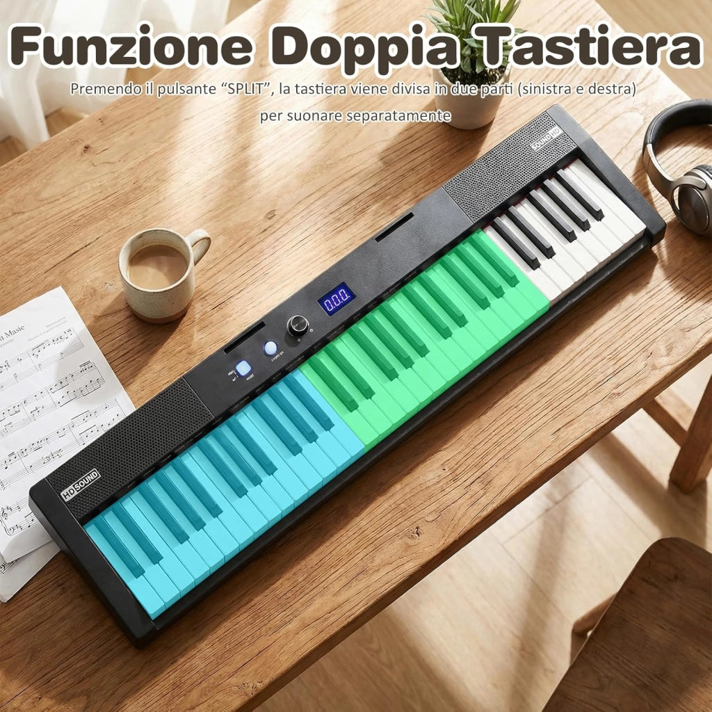 Tastiera Pianoforte a 61 Tasti, Set Pianoforte Elettrica con Supporto e Sgabello Regolabili, 128 Ritmi & 128 Toni e 80 Demo, Strumento Musicale per Bambini, Adolescenti e Adulti