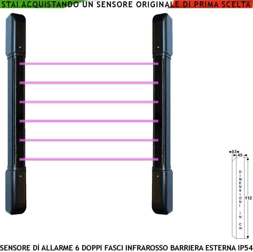 Barriera Infrarossi 6 Multifasci Portata 100 MT Interno 50 MT Esterno H 112 Cm Segnalazione Allarme per Interruzione Fasci Come Impostato Relè Libero Tamper Esclusione Led e Cicalino Alimentazione 12V