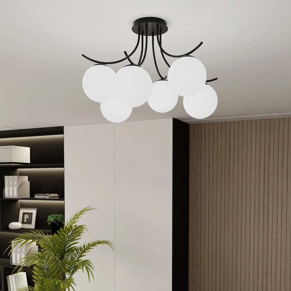 Plafoniera Moderna 6 Luci Coeo In Acciaio Nero E Diffusori In Vetro Opale