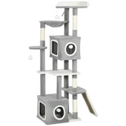 Albero Tiragraffi per Gatti con 2 Casette, Rampa, Trespoli e 4 Palline, 48x40x165 cm, Grigio e Bianco