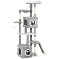 Albero Tiragraffi per Gatti con 2 Casette, Rampa, Trespoli e 4 Palline, 48x40x165 cm, Grigio e Bianco