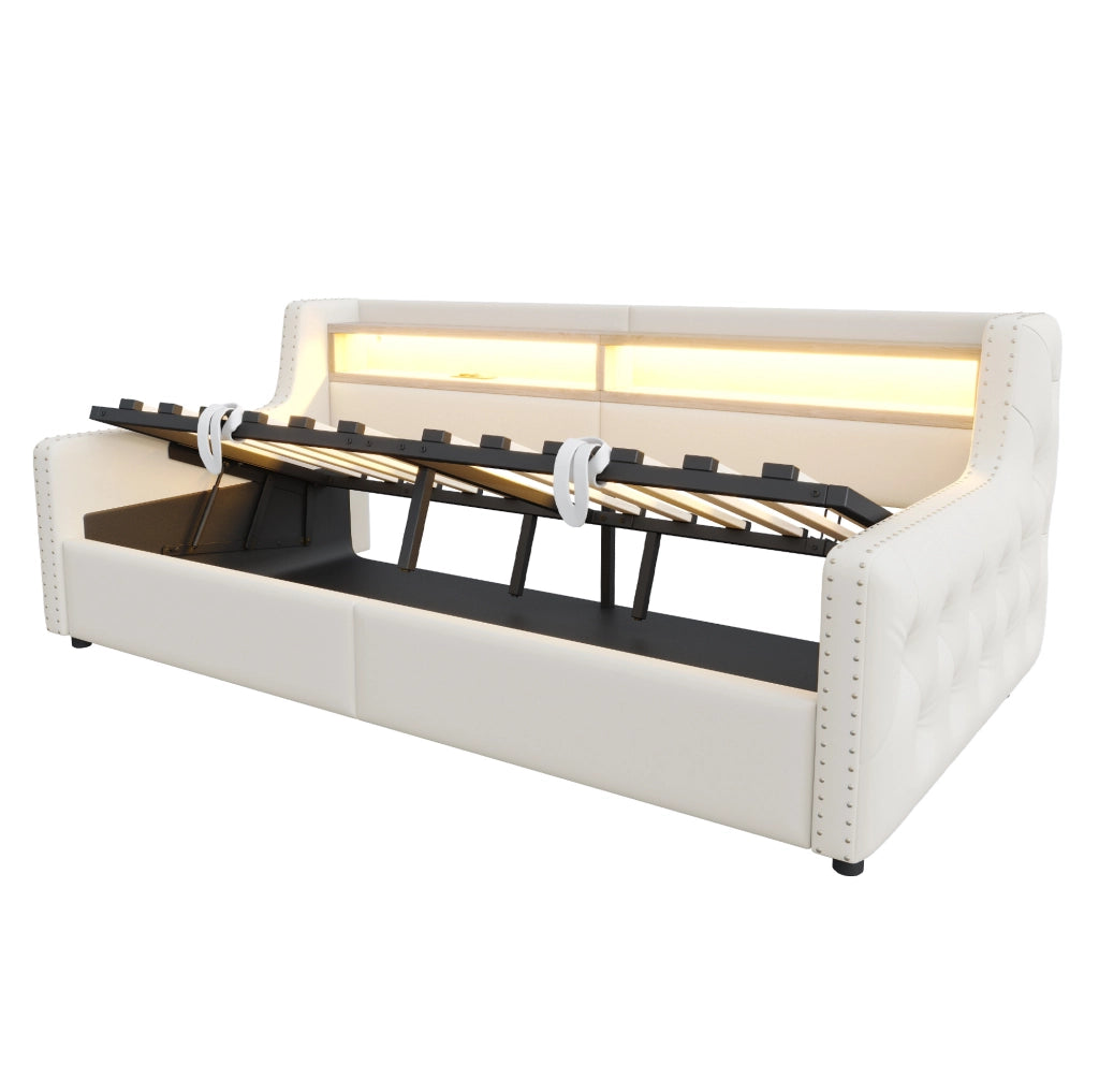 Divano letto 90x200 cm con contenitore idraulico, LED e velluto beige