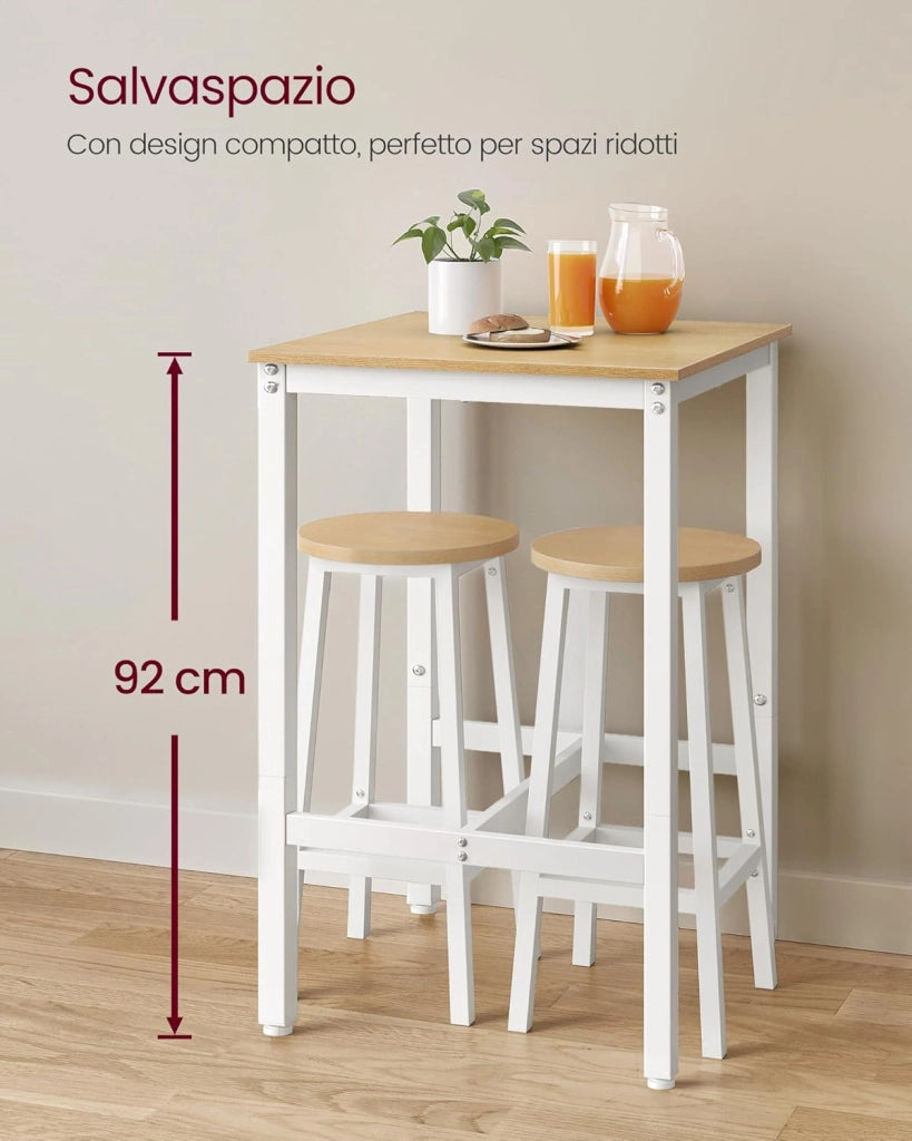 VASAGLE Tavolino da Bar, Tavolino Alto Quadrato per Colazione, Struttura in Acciaio, 60 x 60 x 92 cm, Montaggio Facile, per Cucina Soggiorno, Stile Moderno, Beige Rovere e Bianco Classico LBT025W09