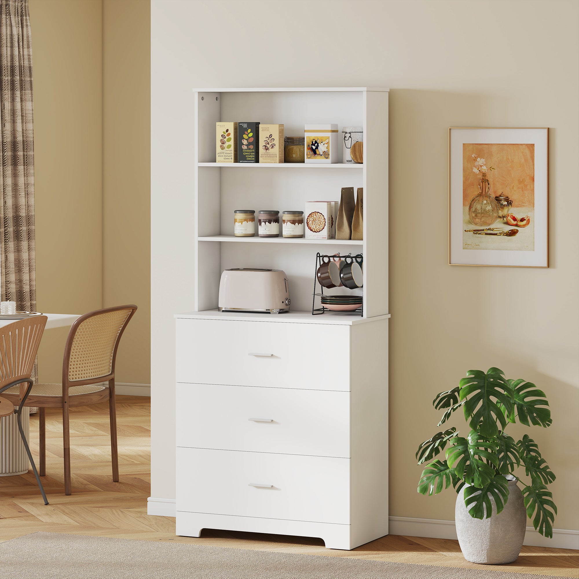 Libreria a Muro 79x39,5x182,2 cm con 3 Ripiani Aperti e 3 Cassetti in Legno Bianco