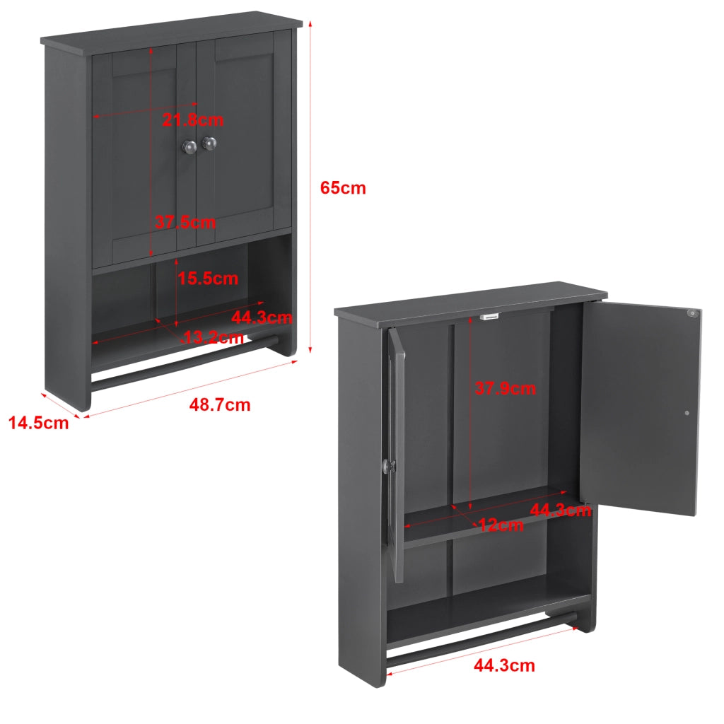 Armadietto Pensile da Bagno con Barra Portaasciugamano 65 x 48,7 x 14,5 cm Mobiletto da Muro con 2 Ante e Ripiani - Grigio Scuro