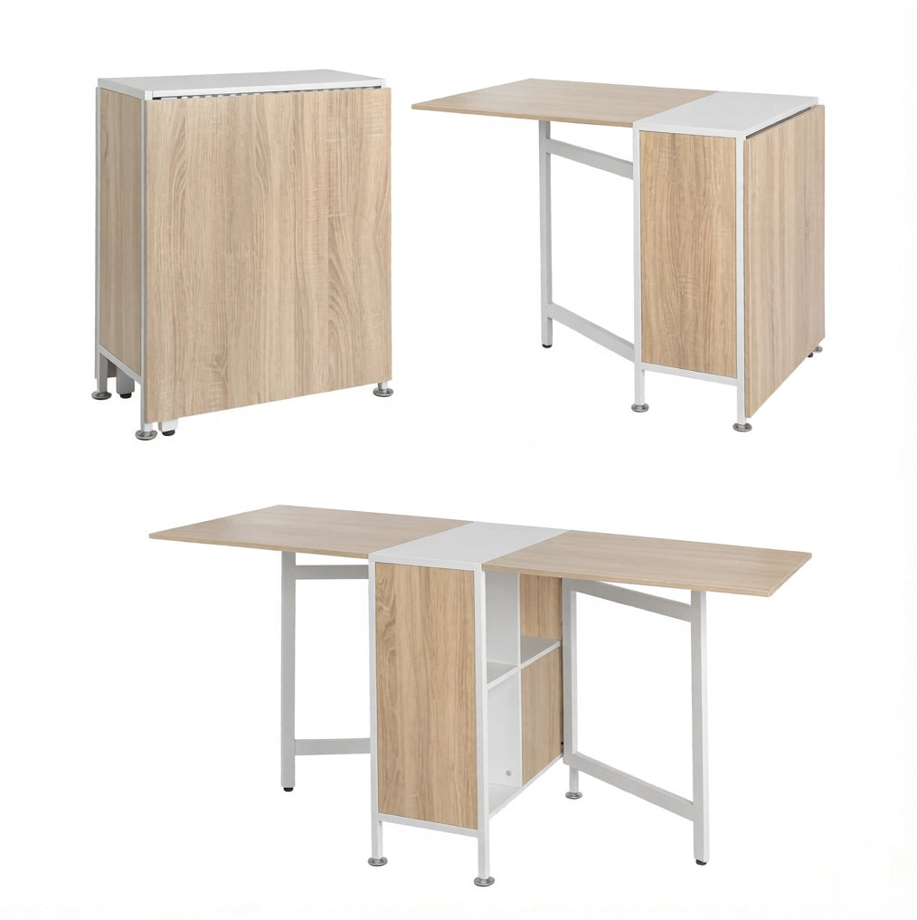Tavolo pieghevole allungabile con 4 vani contenitore; 170x60 cm; bianco e rovere chiaro