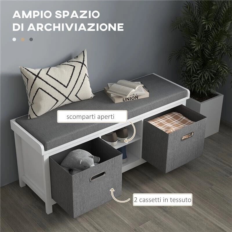 PANCA SCARPIERA CON RIPIANO REGOLABILE A 3 LIVELLI E 2 CASSETTI, IN TRUCIOLATO, 105X35X47 CM, BIANCA E GRIGIA