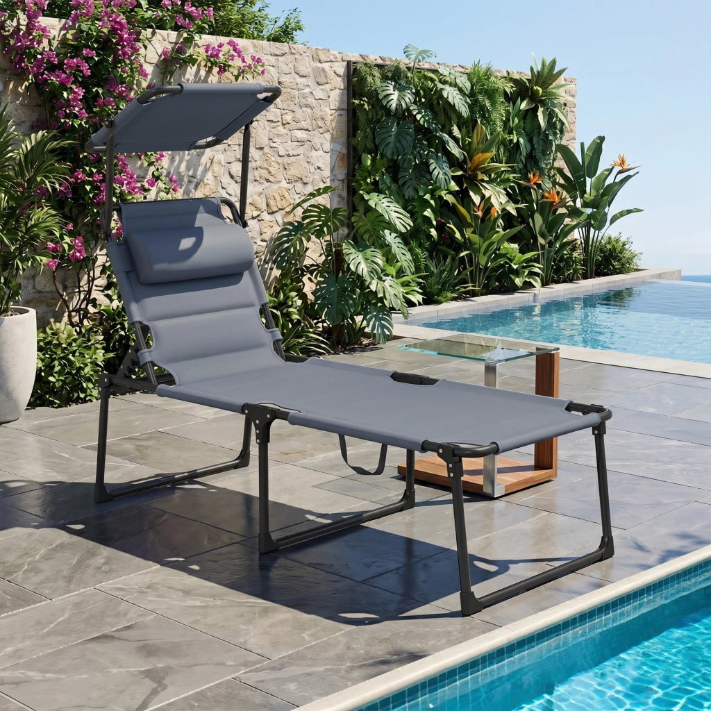 Chaise Longue Pieghevole con Parasole ¨C zephmum ¨C Grigio 70x200x45 cm