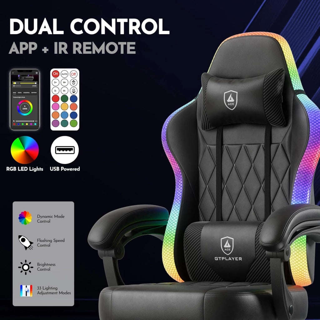 Sedia da gioco, sedia da ufficio, sedia da gioco con barra luminosa a LED, sedia da giocatore, schienale con custodia, sedia ergonomica in PC con telecomando