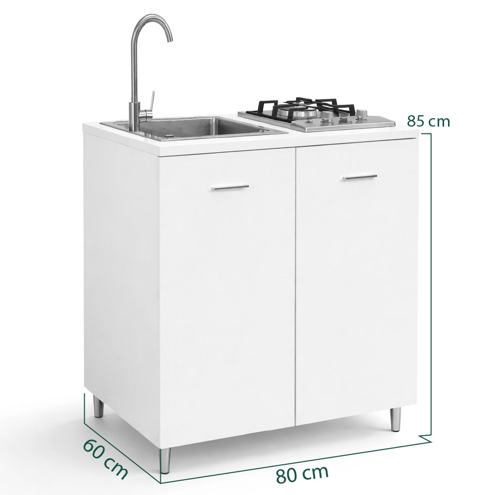 Cucina Completa 80x60cm Bianco Piano Cottura 2 Fuochi Lavello con Rubinetteria