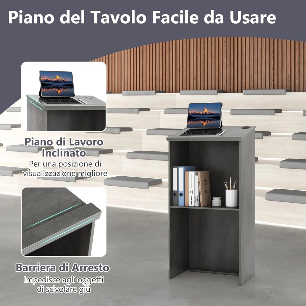 COSTWAY Leggio per Oratori, Podio per Conferenza con Ripiani e Fori per Cavi, Leggio da Pulpito in Legno per Aula, Ufficio, Ristorante e Seminario (Grigio)