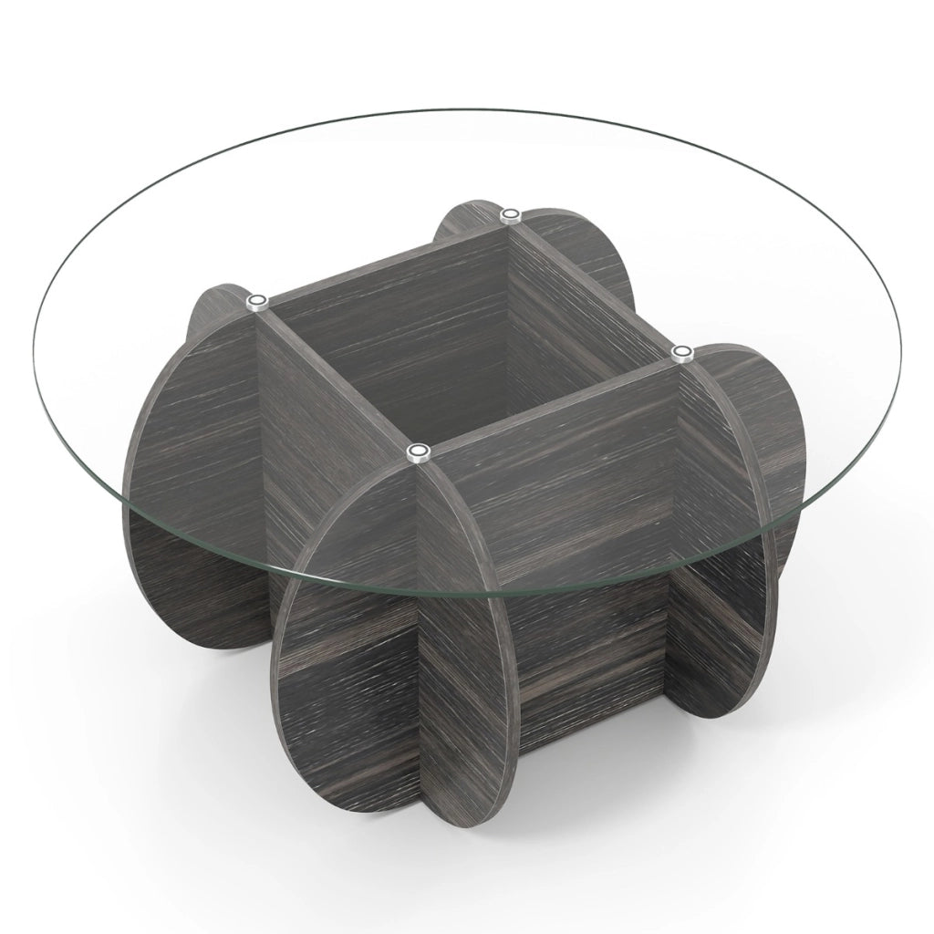 Tavolino da caff¨¨ rotondo con piano in vetro temperato e base in legno massello, Tavolino moderno con scomparto portaoggetti Marrone-Tavolini