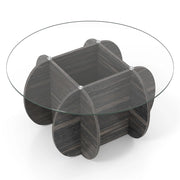 Tavolino da caff¨¨ rotondo con piano in vetro temperato e base in legno massello, Tavolino moderno con scomparto portaoggetti Marrone-Tavolini