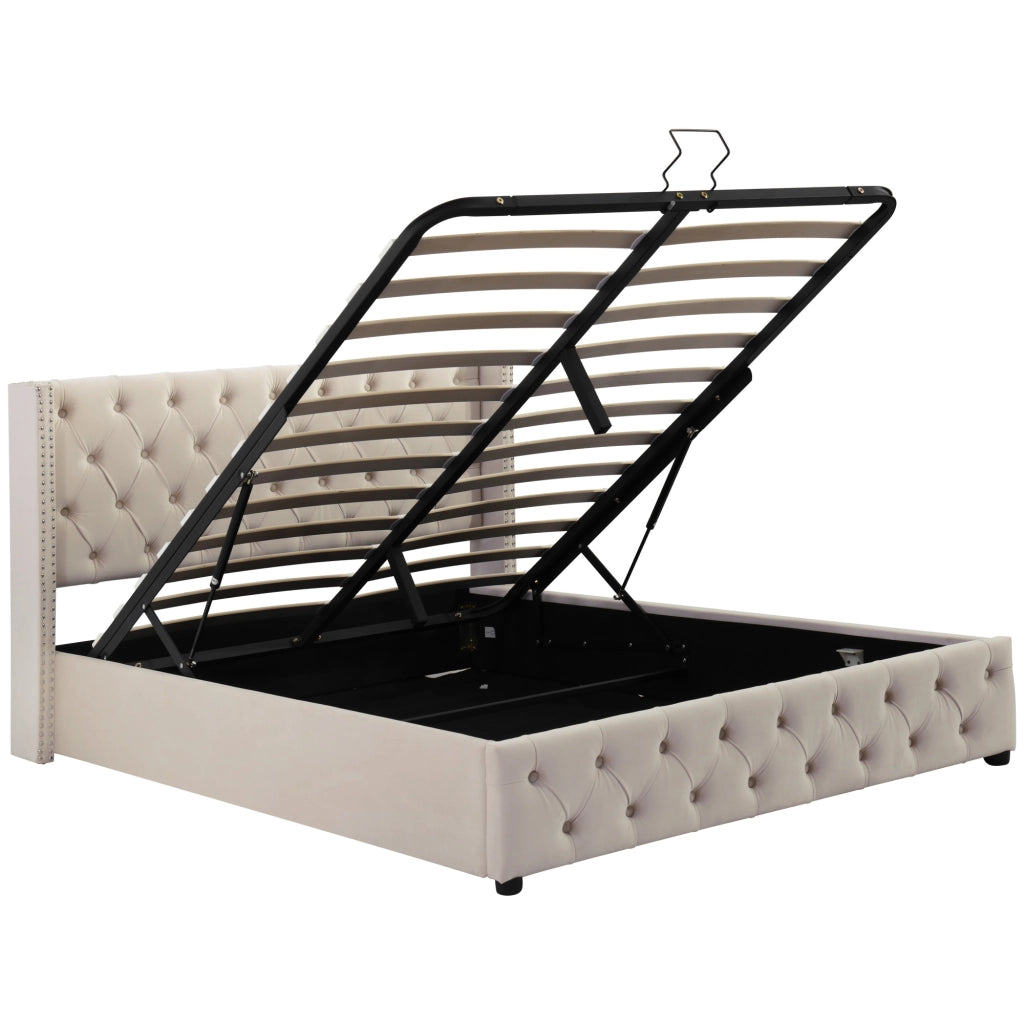 Letti contenitori 140x190 cm; apertura idraulica; velluto beige (Senza materasso)