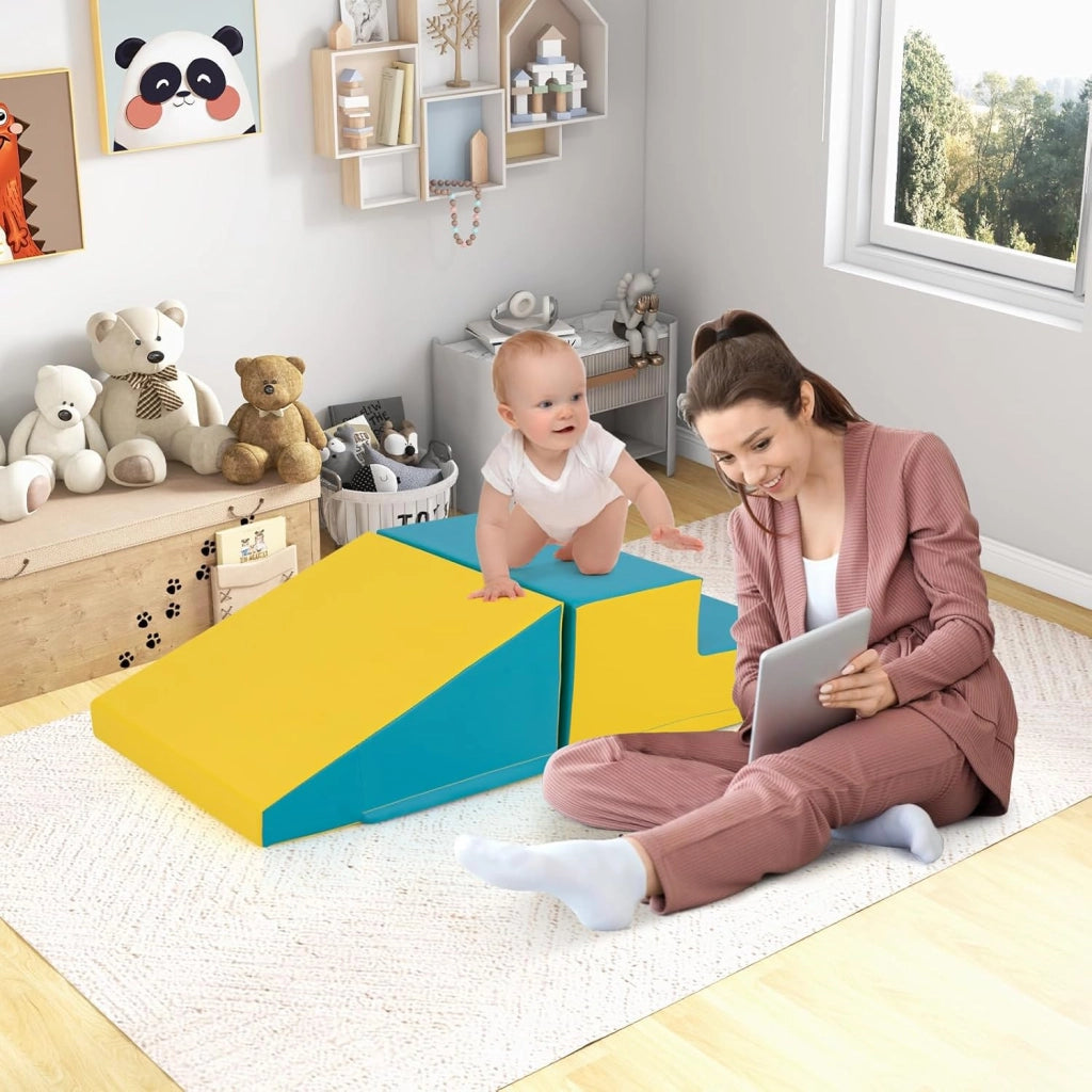 Set di 2 Blocchi per Gattonare e Arrampicare per Neonati e Bambini, Set di Blocchi di Schiuma Morbida per Gioco Attivo Interno, Set di Gioco Morbido per Sviluppo dei Bambini (Verde e giallo)