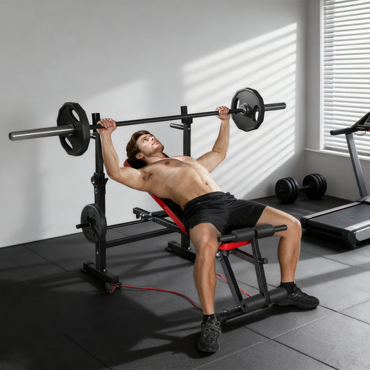 Panca Fitness con Rack per Pesi Schienale e Sedile Regolabili Dip Station Capacità 420 kg in Acciaio Nero e Rosso