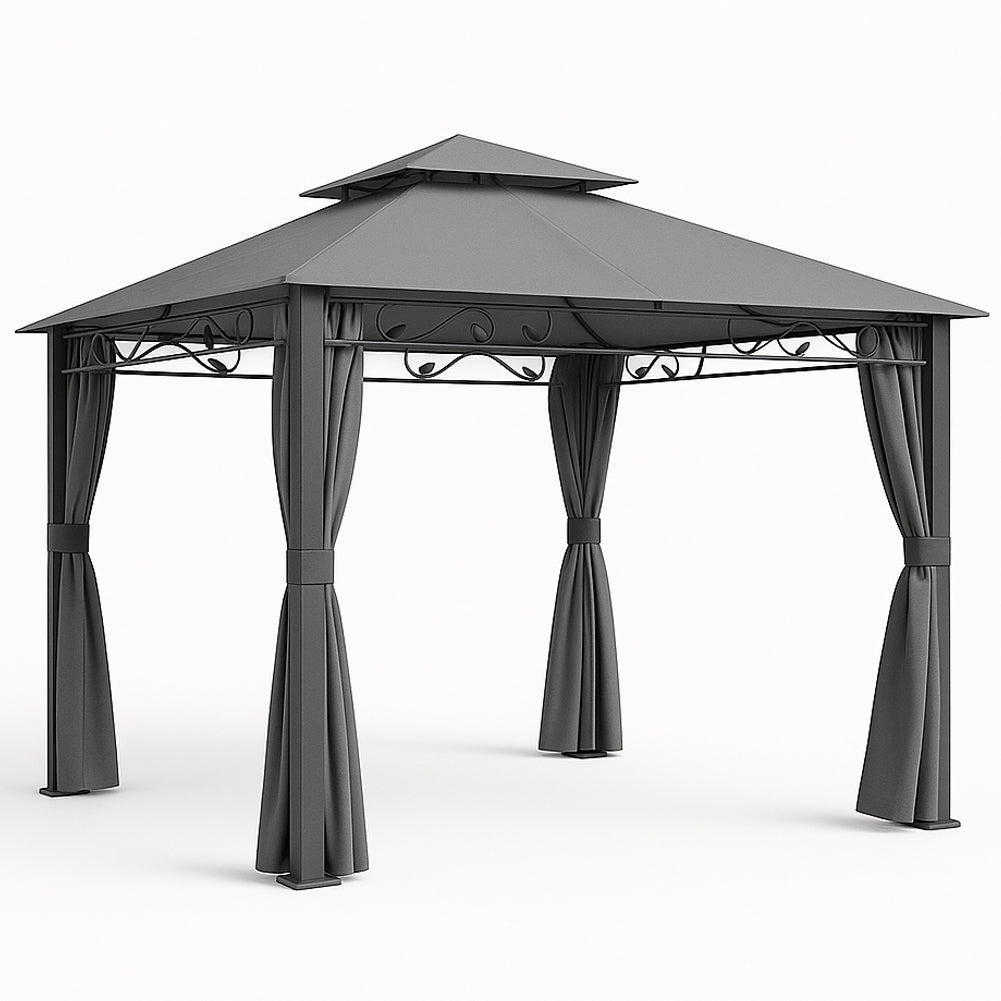 Gazebo Arion 3x3 mt Telo Copertura PVC Grigio Zanzariere Laterali Pali Alluminio