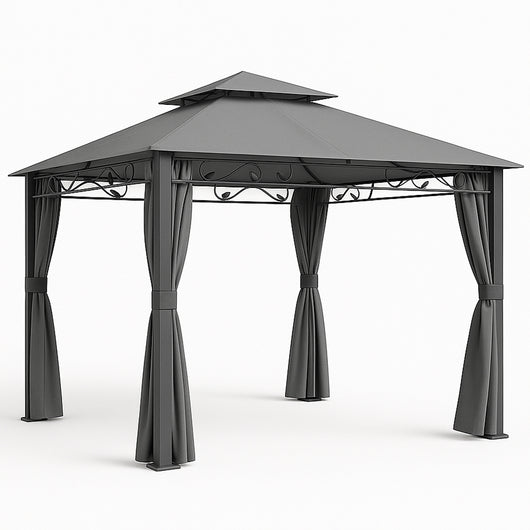 Gazebo Arion 3x3 mt Telo Copertura PVC Grigio Zanzariere Laterali Pali Alluminio
