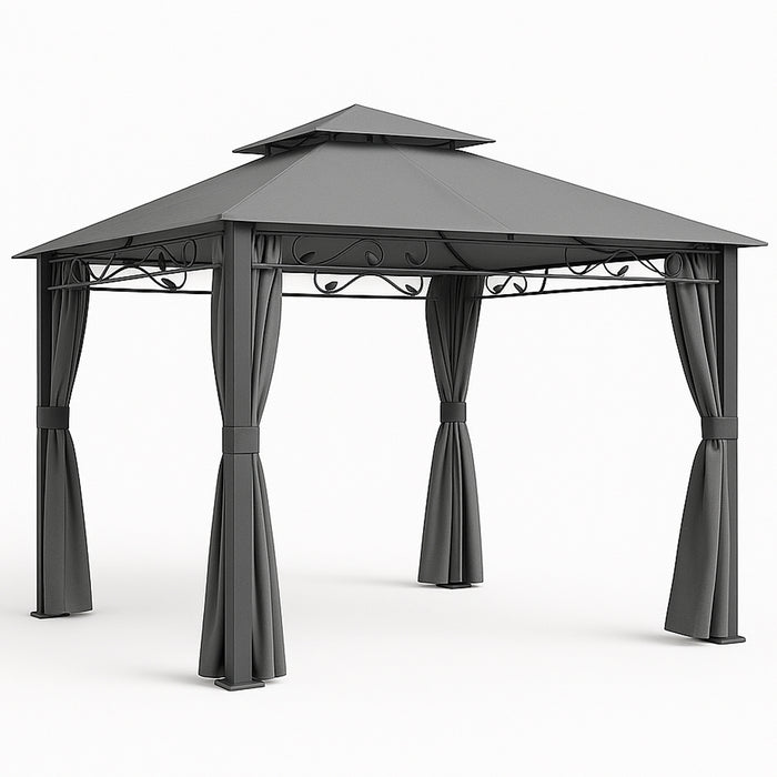 Gazebo Arion 3x3 mt Telo Copertura PVC Grigio Zanzariere Laterali Pali Alluminio