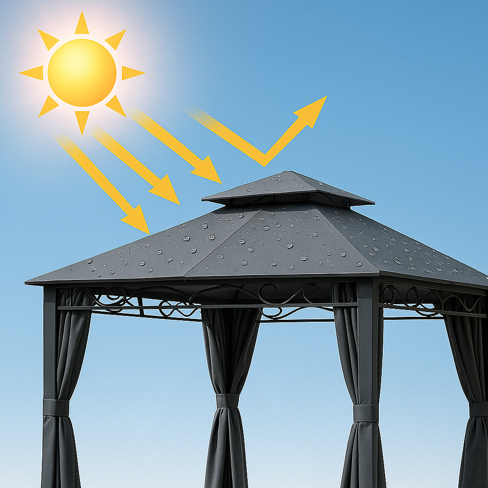 Gazebo Arion 3x3 mt Telo Copertura PVC Grigio Zanzariere Laterali Pali Alluminio