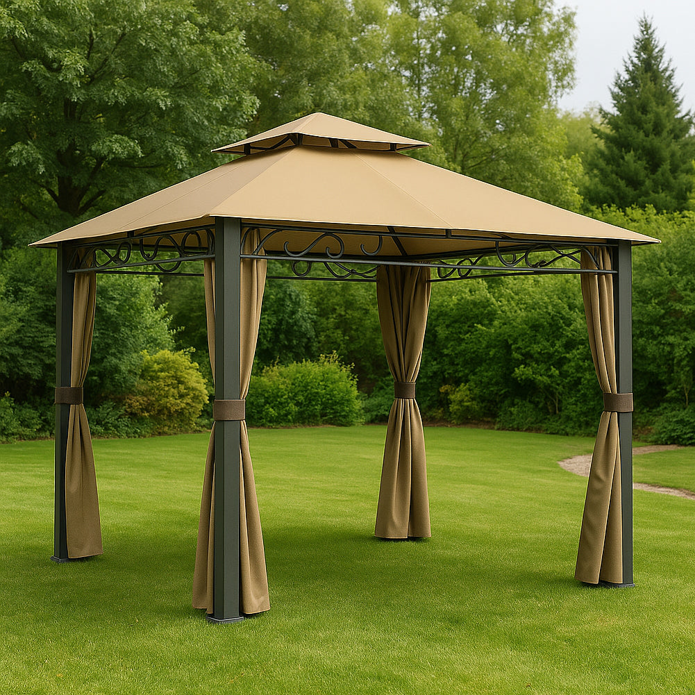 Gazebo Arion 3x3 mt Telo Copertura PVC Moka Zanzariere Laterali Pali Alluminio