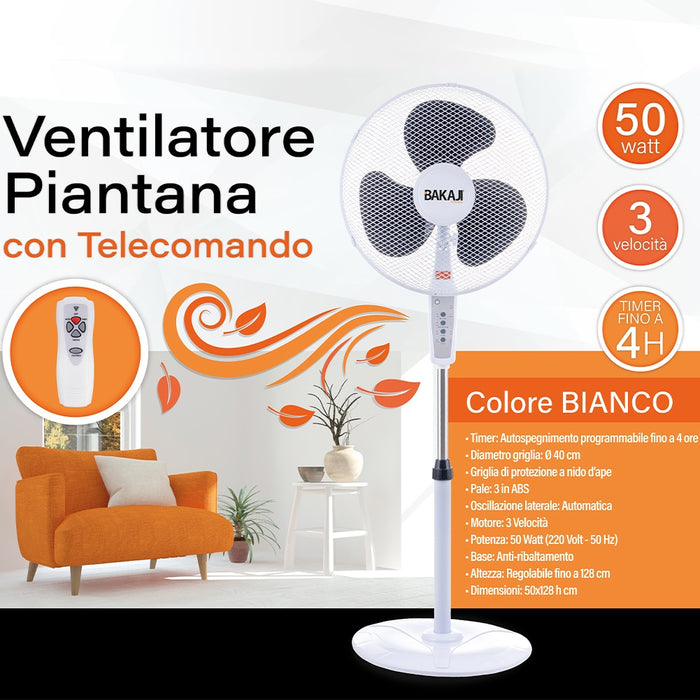 Ventilatore a Piantana Bianco 50W con Telecomando Timer 3 Velocità Base Tonda