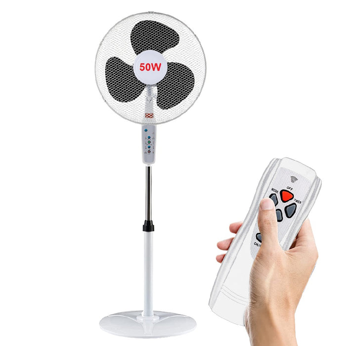 Ventilatore a Piantana Bianco 50W con Telecomando Timer 3 Velocità Base Tonda